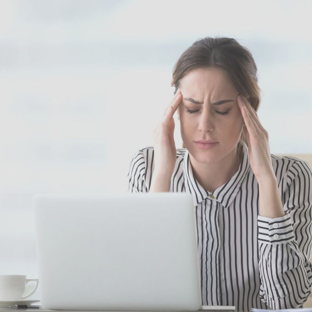 headache computer laptop female migraine strpied shirt home problems issues tissue
